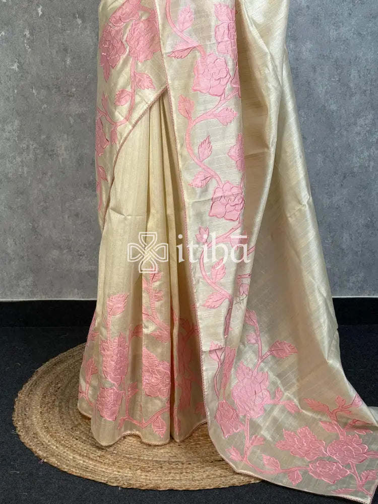 SEMI TUSSAR APPLIQUE EMBROIDERY SAREE