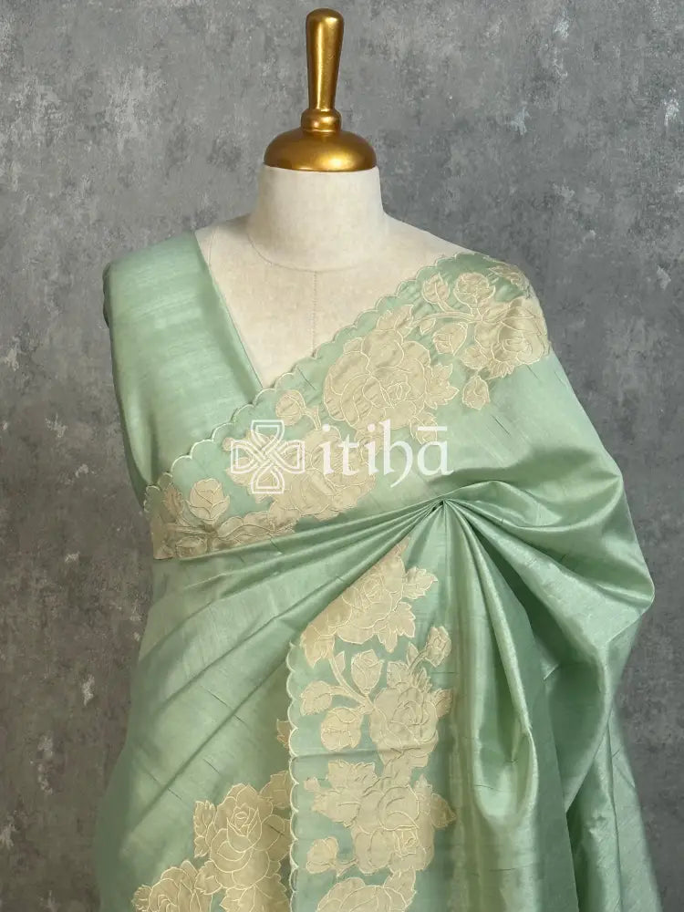 SEMI TUSSAR APPLIQUE EMBROIDERY SAREE