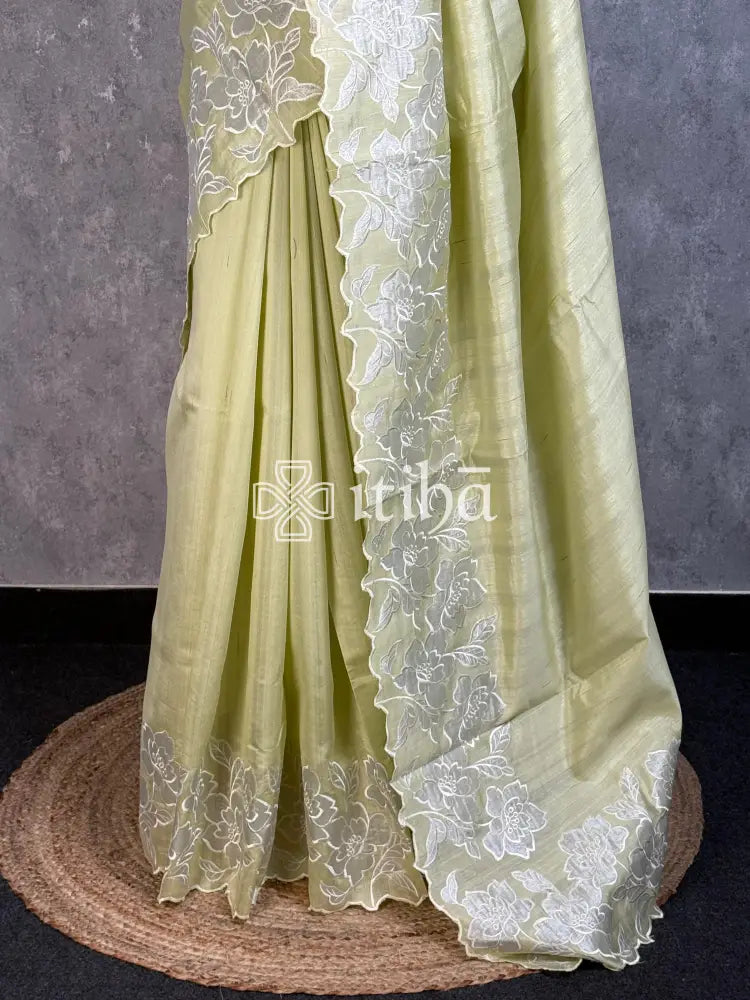 SEMI TUSSAR APPLIQUE EMBROIDERY SAREE