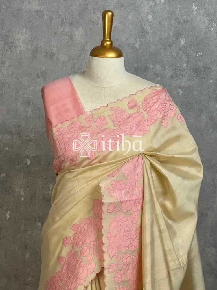 SEMI TUSSAR APPLIQUE EMBROIDERY SAREE