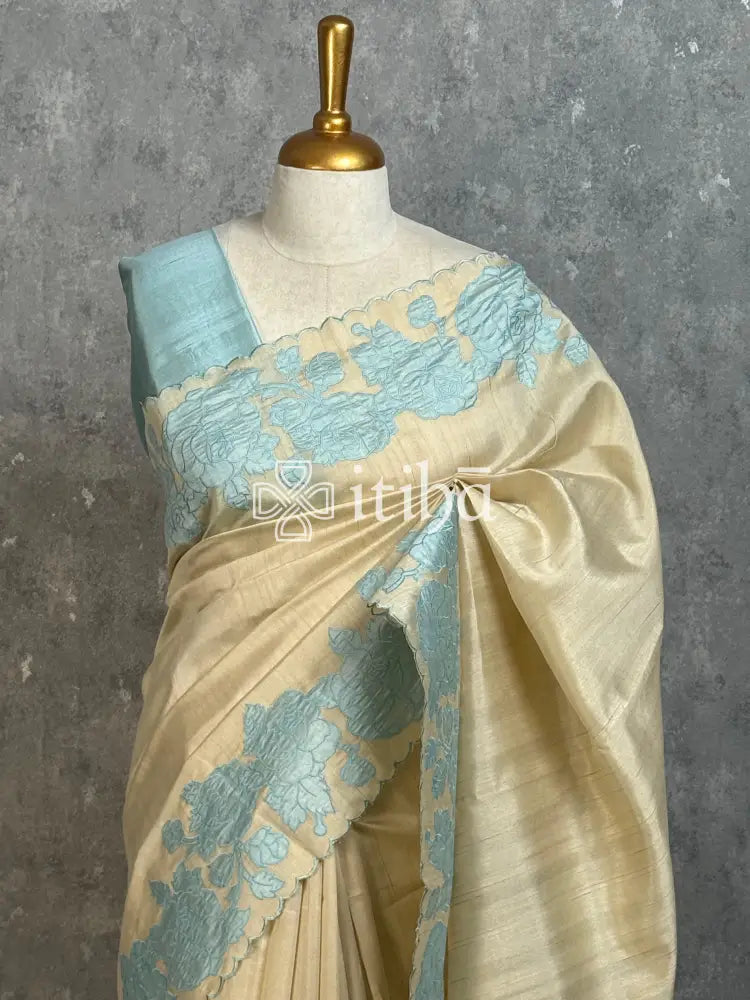 SEMI TUSSAR APPLIQUE EMBROIDERY SAREE