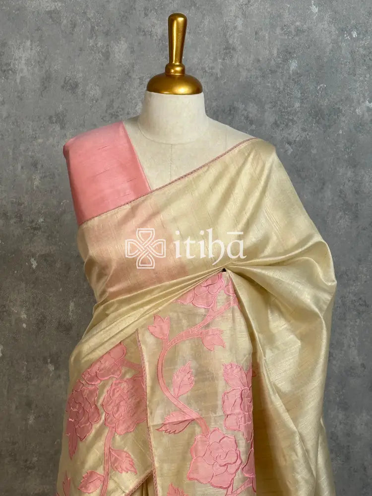 SEMI TUSSAR APPLIQUE EMBROIDERY SAREE