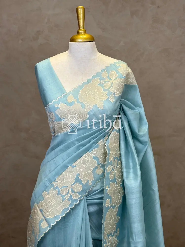 SEMI TUSSAR APPLIQUE EMBROIDERY SAREE