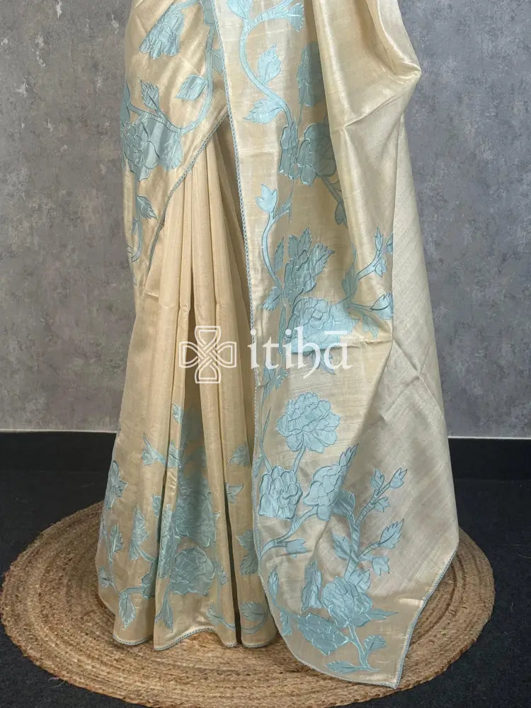 SEMI TUSSAR APPLIQUE EMBROIDERY SAREE