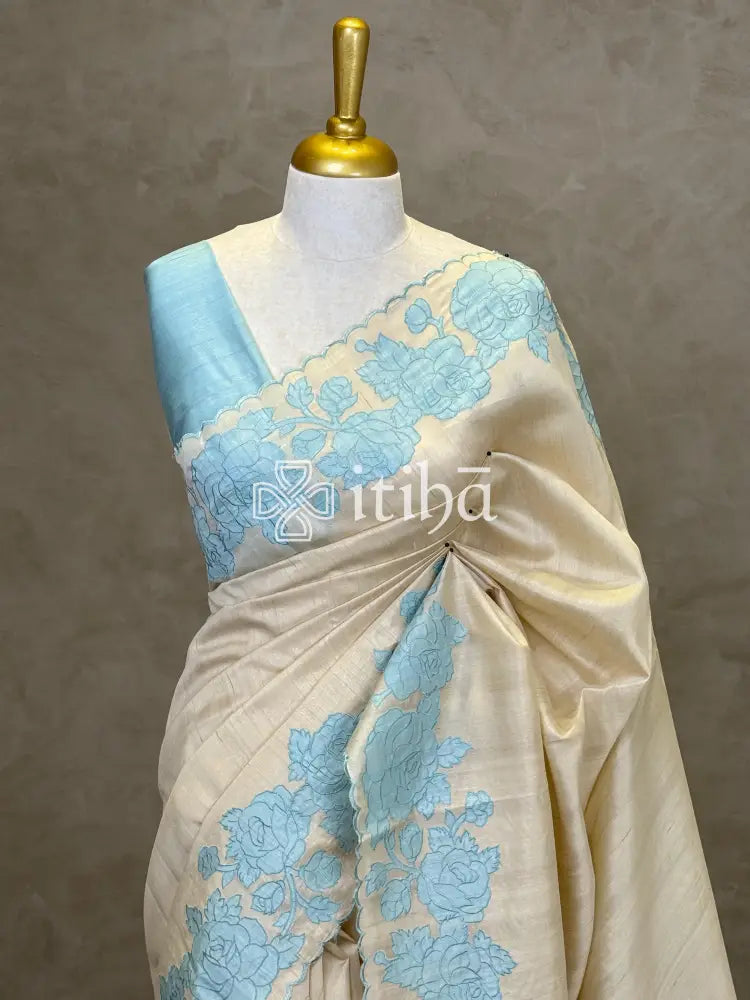 SEMI TUSSAR APPLIQUE EMBROIDERY SAREE