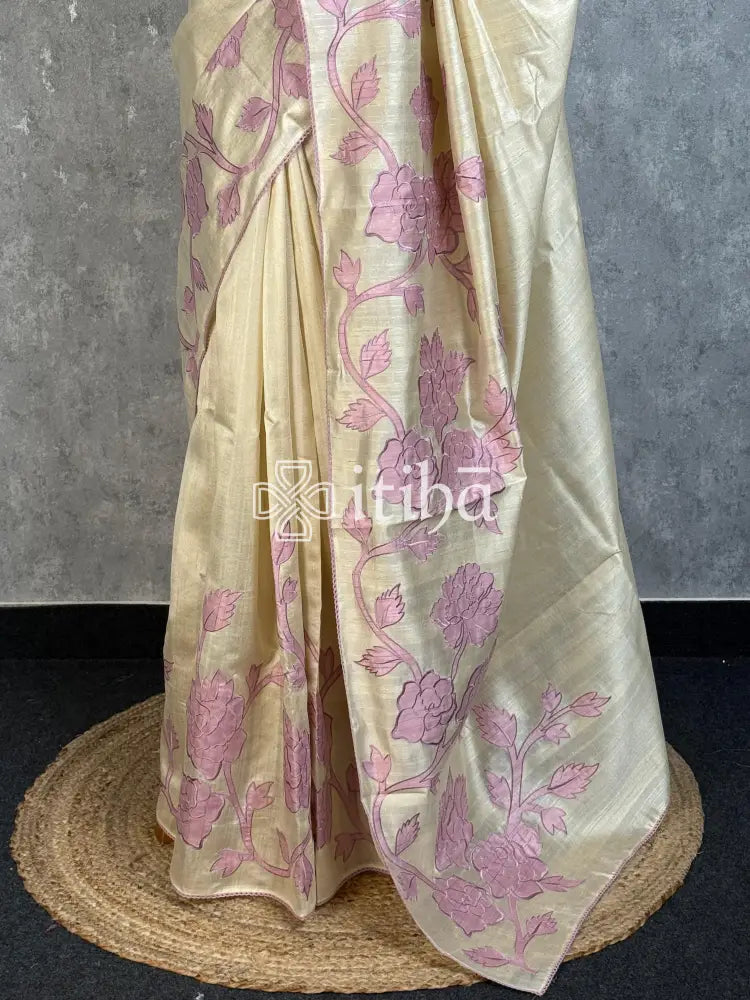 SEMI TUSSAR APPLIQUE EMBROIDERY SAREE