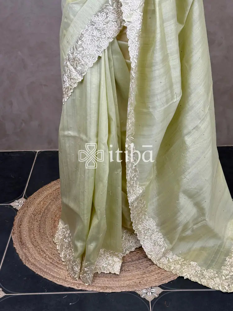 SEMI TUSSAR APPLIQUE EMBROIDERY SAREE