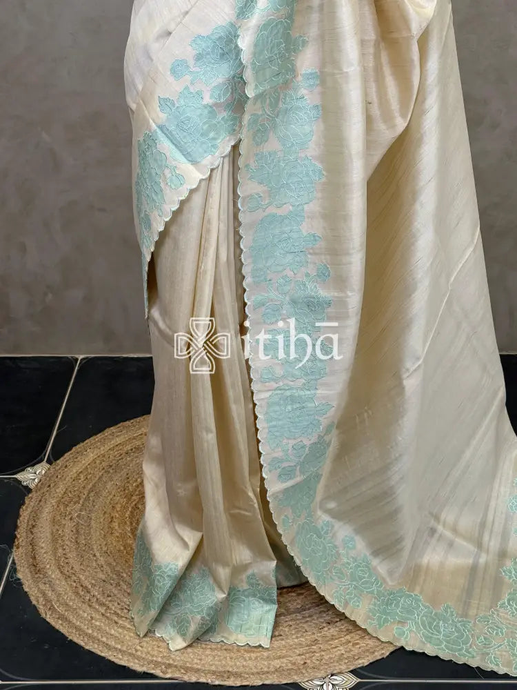 SEMI TUSSAR APPLIQUE EMBROIDERY SAREE