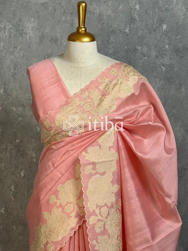 SEMI TUSSAR APPLIQUE EMBROIDERY SAREE