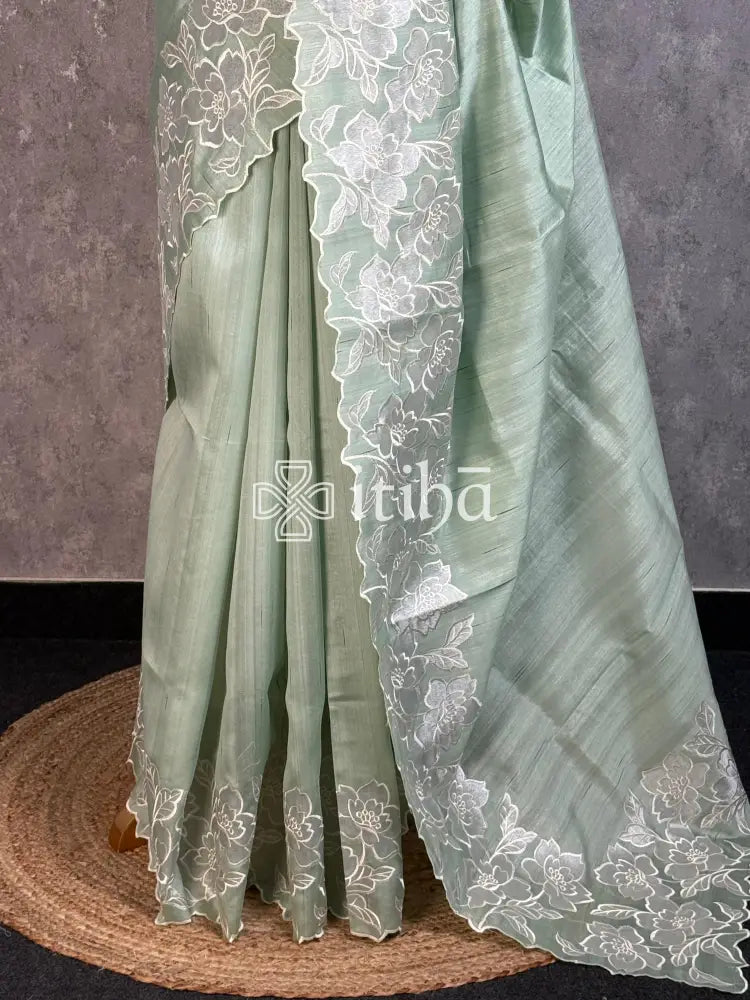 SEMI TUSSAR APPLIQUE EMBROIDERY SAREE