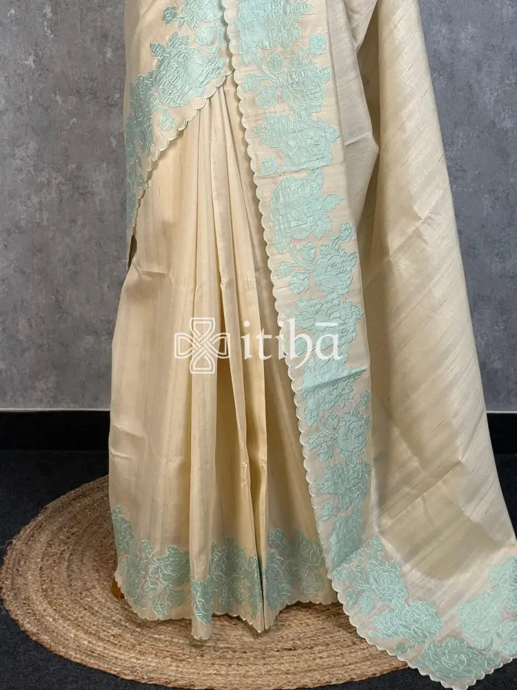 SEMI TUSSAR APPLIQUE EMBROIDERY SAREE