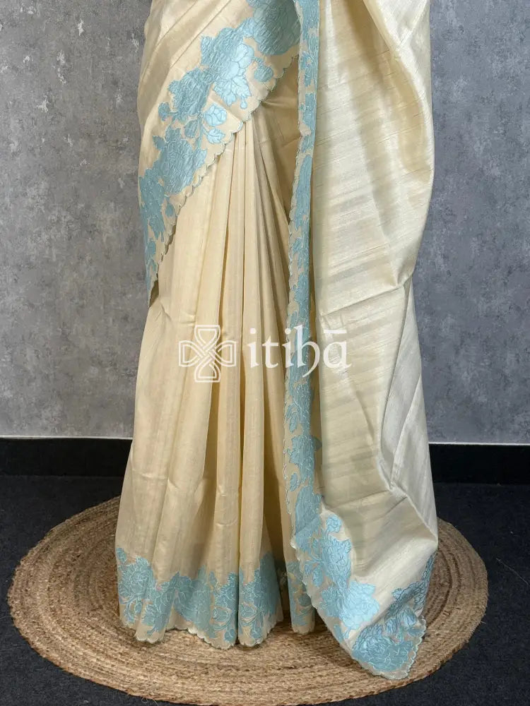 SEMI TUSSAR APPLIQUE EMBROIDERY SAREE