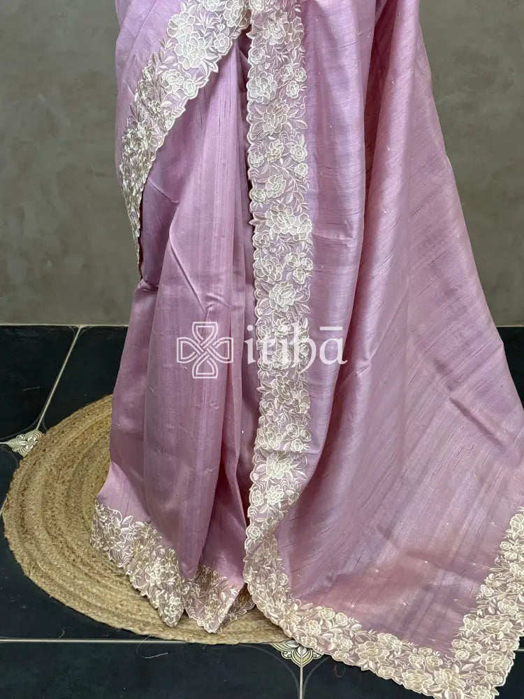 SEMI TUSSAR APPLIQUE EMBROIDERY SAREE