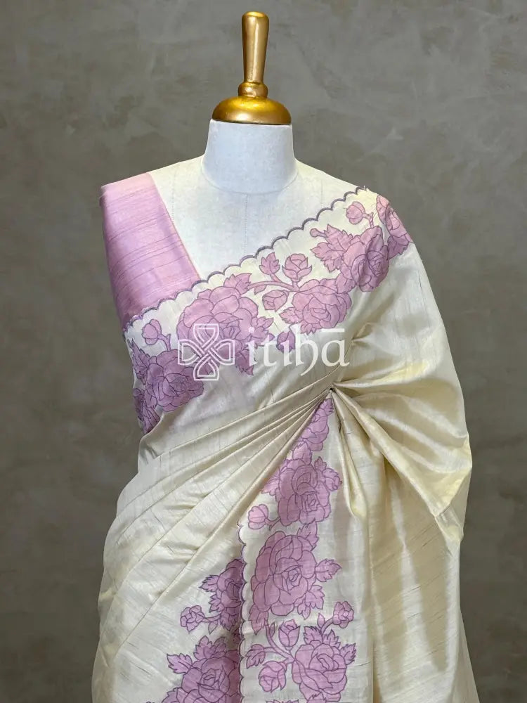 SEMI TUSSAR APPLIQUE EMBROIDERY SAREE