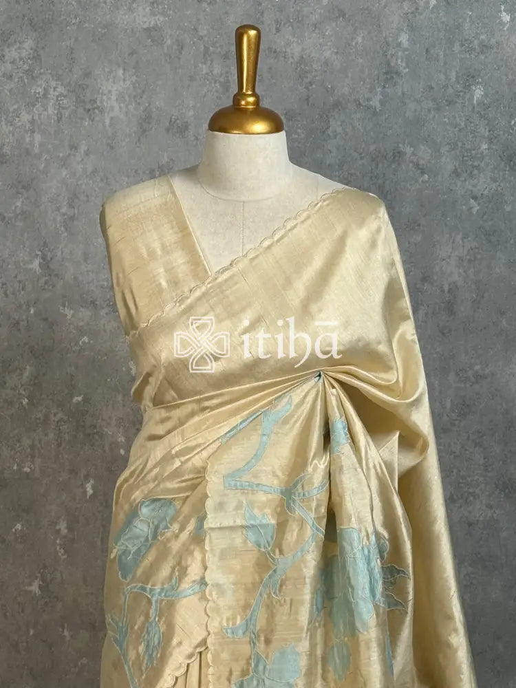 SEMI TUSSAR APPLIQUE EMBROIDERY SAREE
