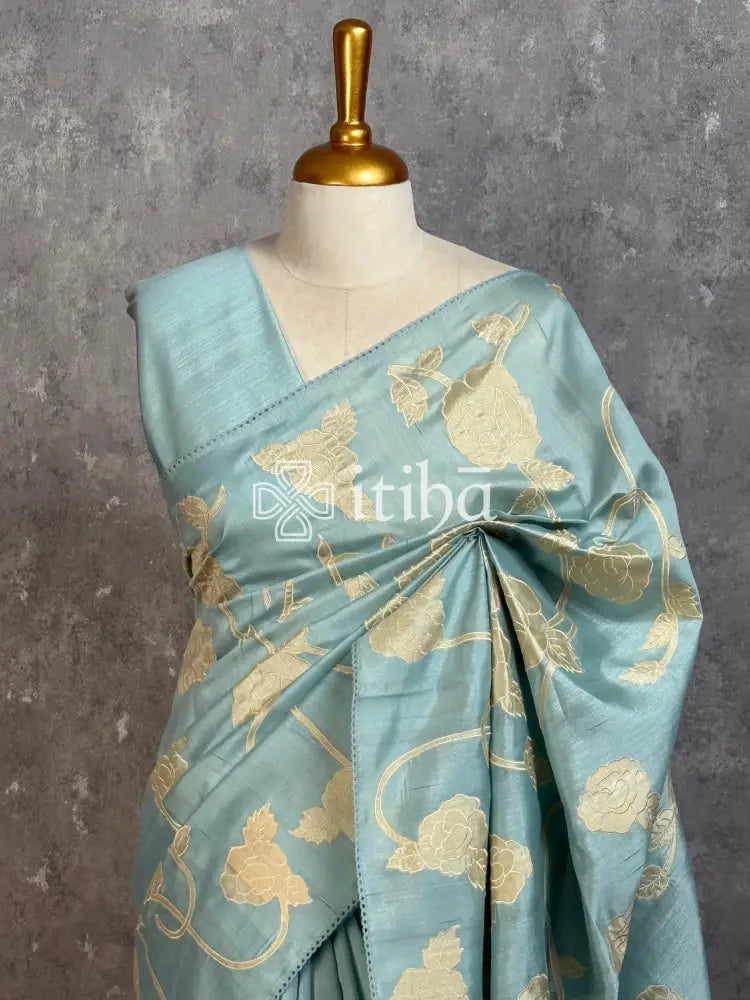 SEMI TUSSAR APPLIQUE EMBROIDERY SAREE