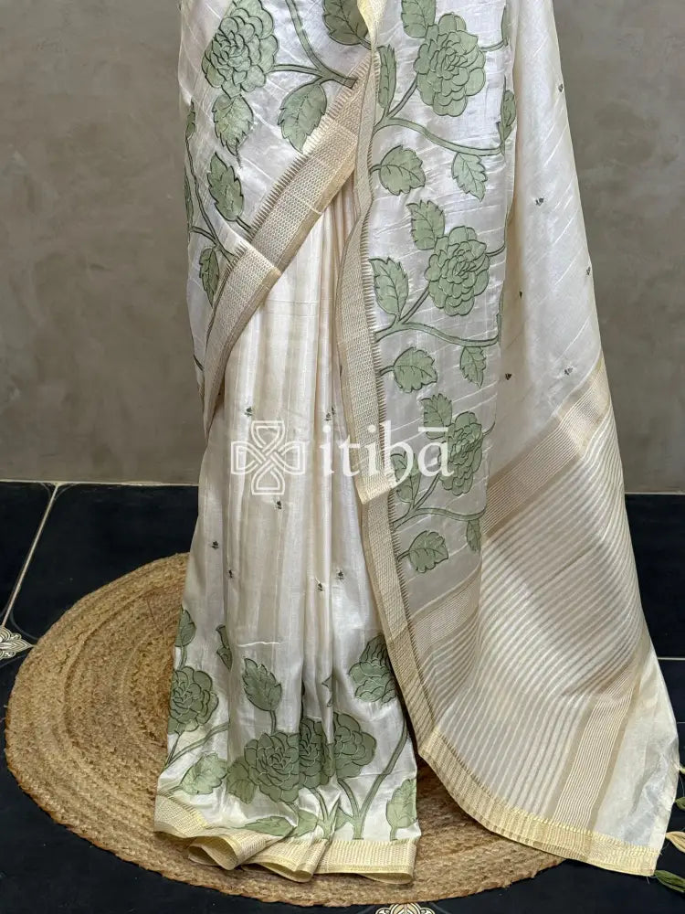 SEMI TUSSAR APPLIQUE EMBROIDERY SAREE