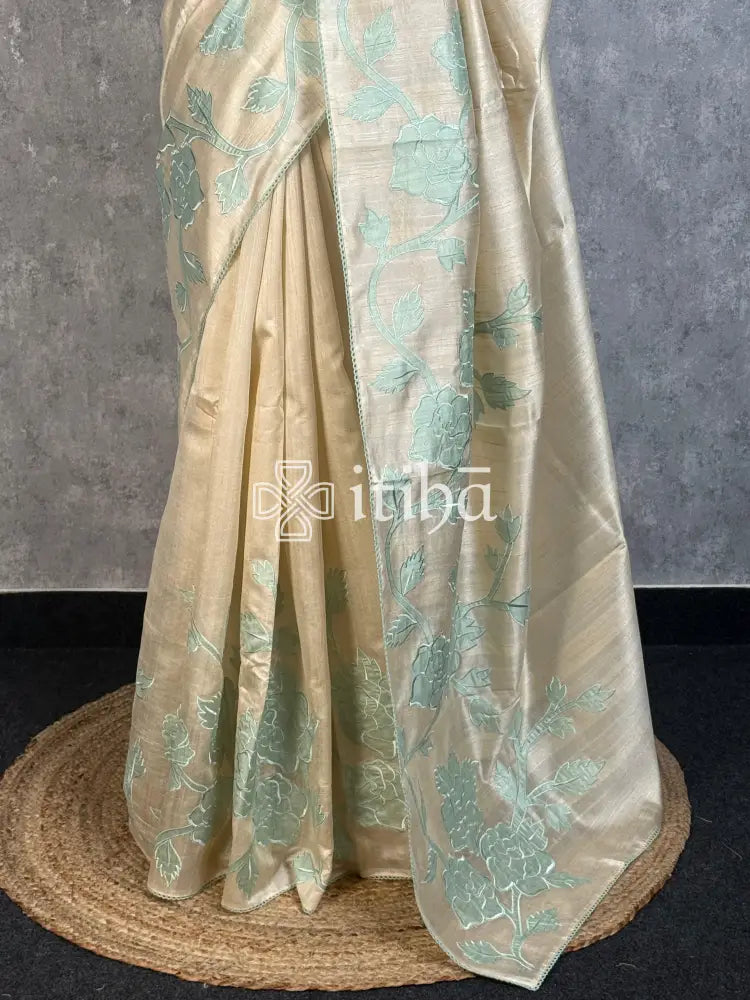 SEMI TUSSAR APPLIQUE EMBROIDERY SAREE