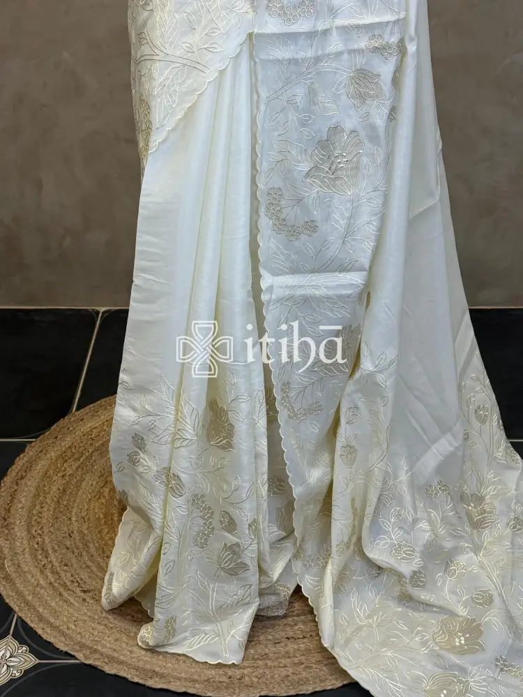 SEMI TUSSAR APPLIQUE EMBROIDERY SAREE