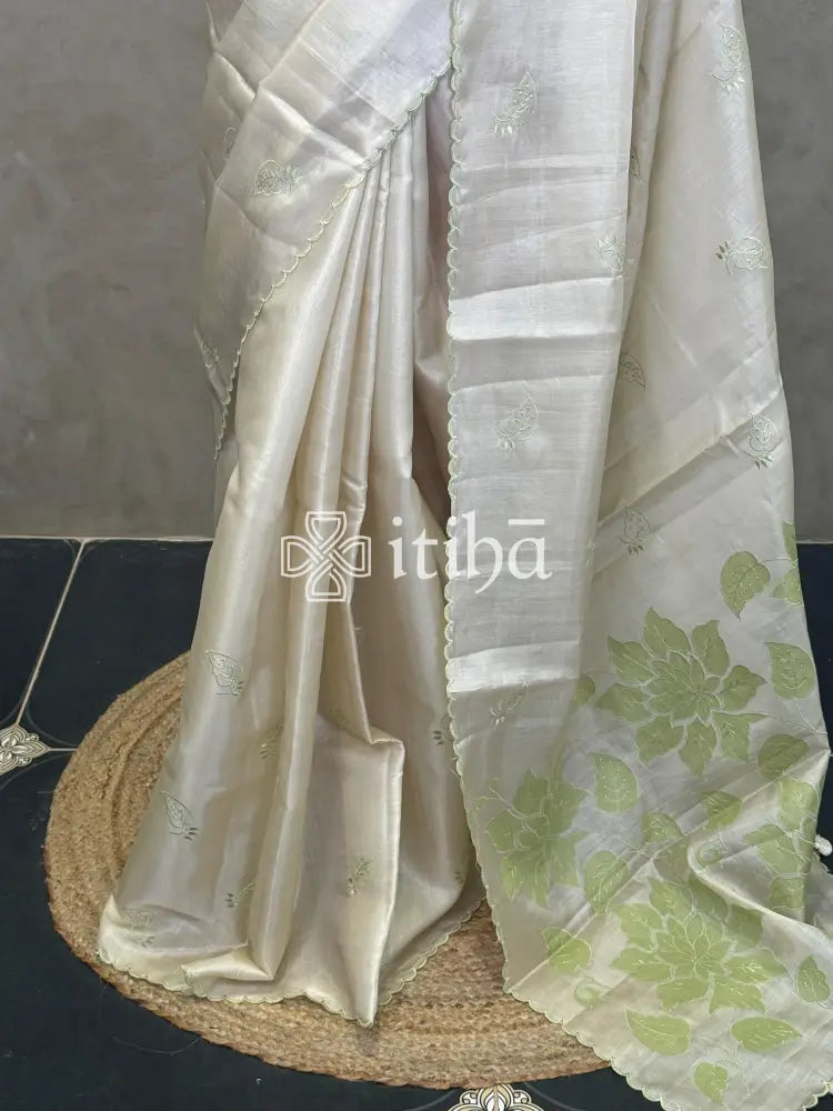 SEMI TUSSAR APPLIQUE EMBROIDERY SAREE
