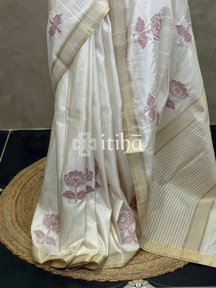 SEMI TUSSAR APPLIQUE EMBROIDERY SAREE