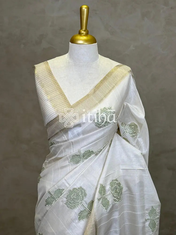 SEMI TUSSAR APPLIQUE EMBROIDERY SAREE