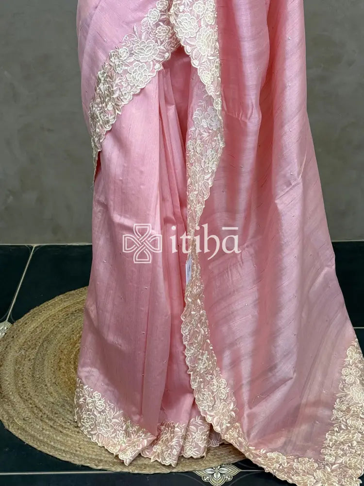 SEMI TUSSAR APPLIQUE EMBROIDERY SAREE