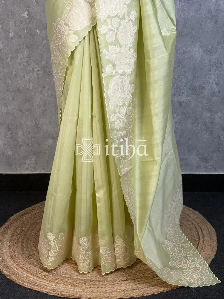 SEMI TUSSAR APPLIQUE EMBROIDERY SAREE
