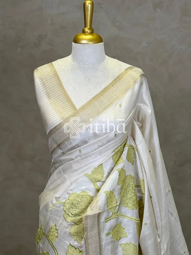 SEMI TUSSAR APPLIQUE EMBROIDERY SAREE