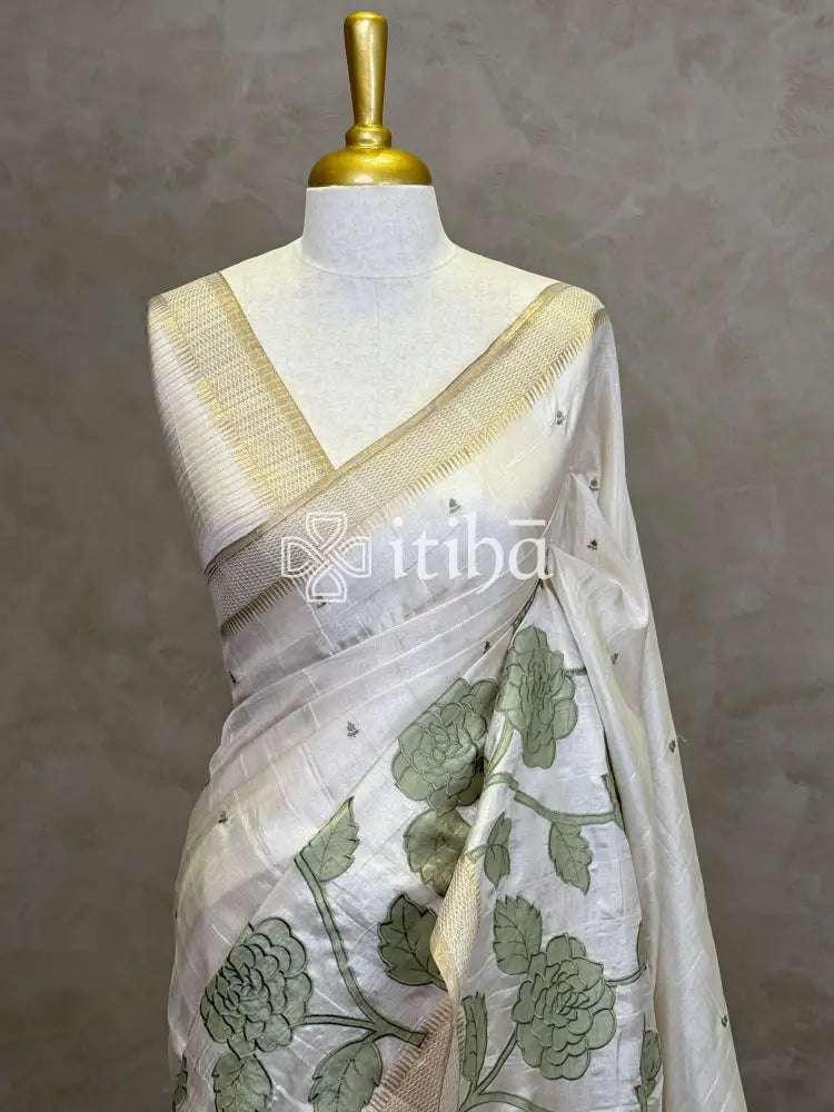 SEMI TUSSAR APPLIQUE EMBROIDERY SAREE