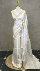 SEMI TUSSAR APPLIQUE EMBROIDERY SAREE - Beige