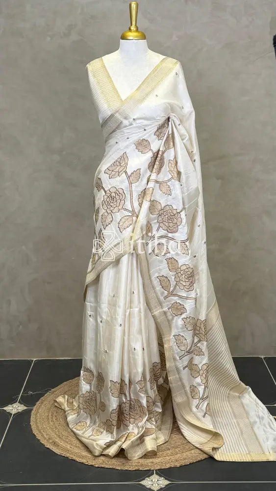 SEMI TUSSAR APPLIQUE EMBROIDERY SAREE - Brown