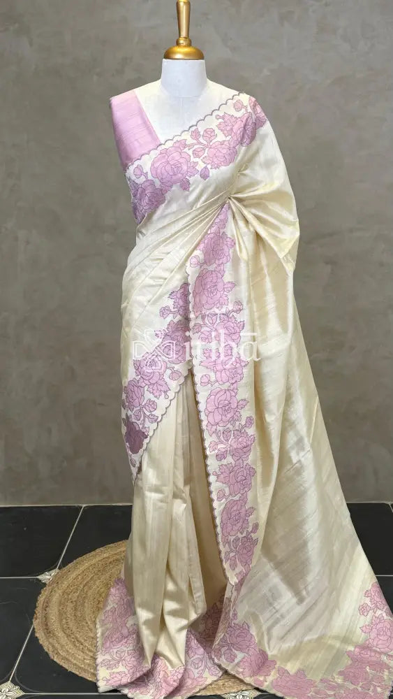 SEMI TUSSAR APPLIQUE EMBROIDERY SAREE - DUSTY LAVENDER