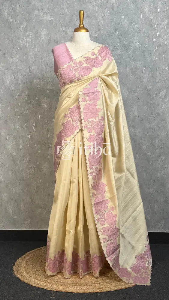 SEMI TUSSAR APPLIQUE EMBROIDERY SAREE - dusty mauve