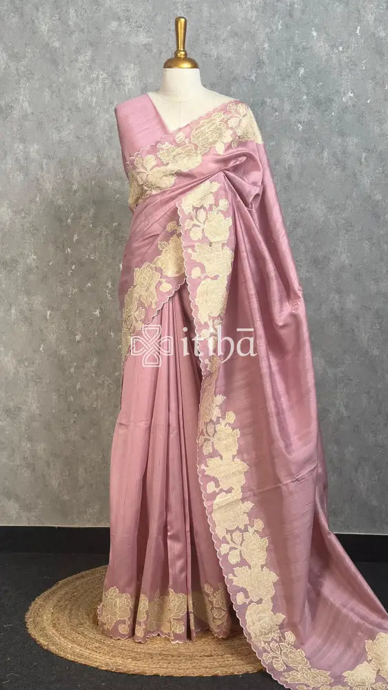 SEMI TUSSAR APPLIQUE EMBROIDERY SAREE - dusty mauve