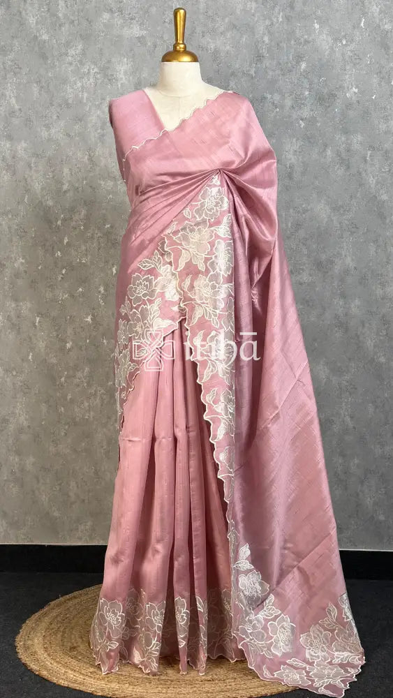 SEMI TUSSAR APPLIQUE EMBROIDERY SAREE - dusty mauve