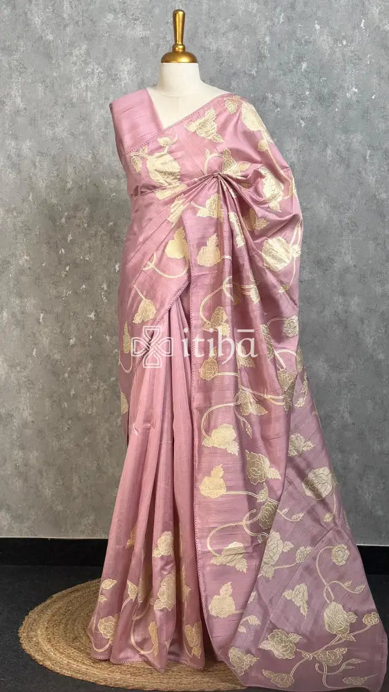 SEMI TUSSAR APPLIQUE EMBROIDERY SAREE - dusty mauve