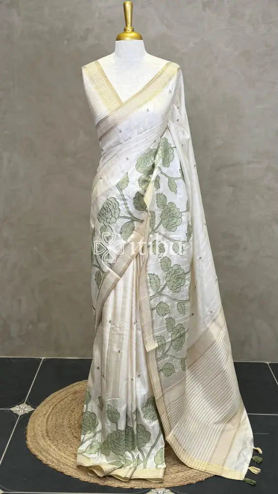 SEMI TUSSAR APPLIQUE EMBROIDERY SAREE - Green