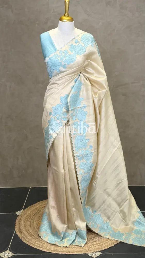 SEMI TUSSAR APPLIQUE EMBROIDERY SAREE - LIGHT BLUE