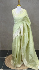 SEMI TUSSAR APPLIQUE EMBROIDERY SAREE - LIGHT GREEN