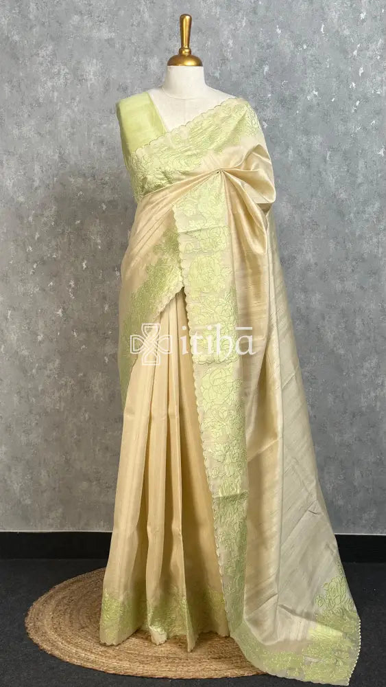 SEMI TUSSAR APPLIQUE EMBROIDERY SAREE - LIGHT GREEN