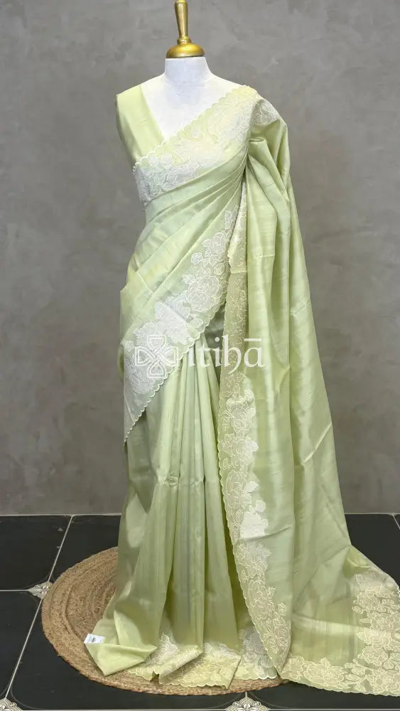 SEMI TUSSAR APPLIQUE EMBROIDERY SAREE - LIGHT GREEN
