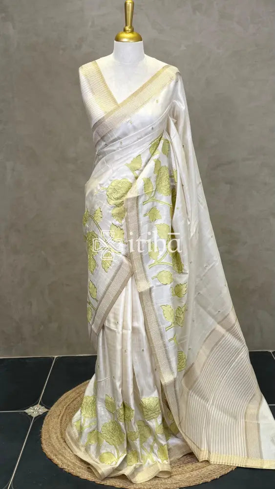 SEMI TUSSAR APPLIQUE EMBROIDERY SAREE - LIGHT GREEN