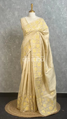SEMI TUSSAR APPLIQUE EMBROIDERY SAREE - LIGHT YELLOW