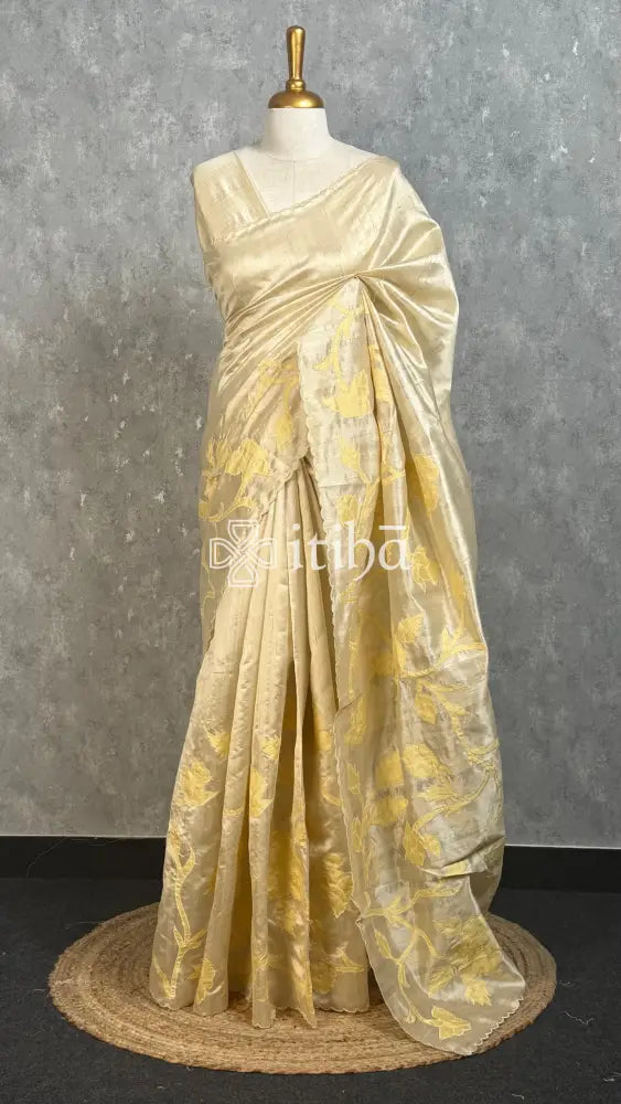 SEMI TUSSAR APPLIQUE EMBROIDERY SAREE - LIGHT YELLOW
