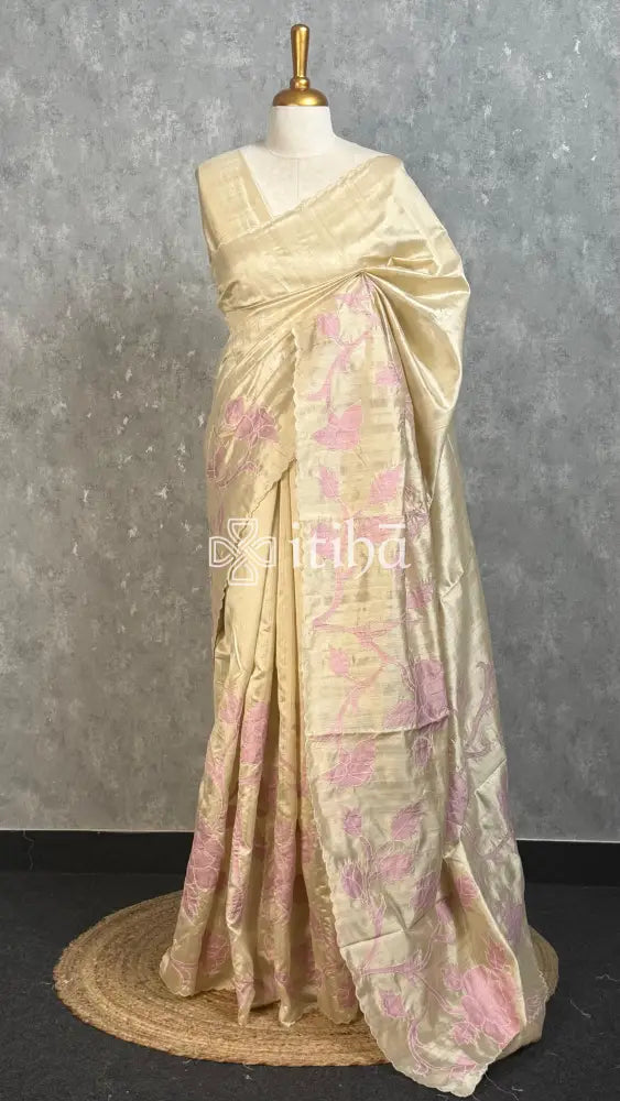 SEMI TUSSAR APPLIQUE EMBROIDERY SAREE - MAUVE PINK