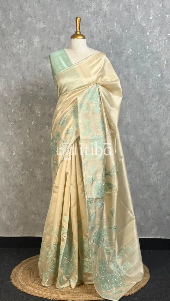 SEMI TUSSAR APPLIQUE EMBROIDERY SAREE - MINT GREEN