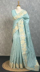 SEMI TUSSAR APPLIQUE EMBROIDERY SAREE - PASTEL AQUA BLUE