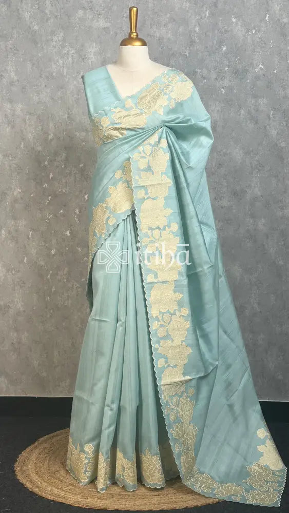 SEMI TUSSAR APPLIQUE EMBROIDERY SAREE - PASTEL AQUA BLUE