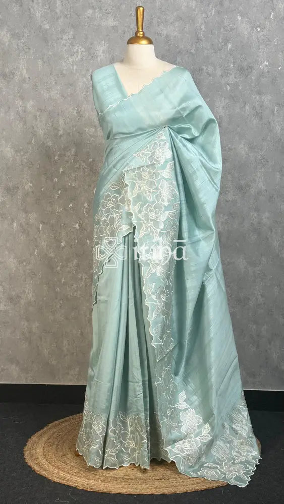 SEMI TUSSAR APPLIQUE EMBROIDERY SAREE - PASTEL AQUA BLUE